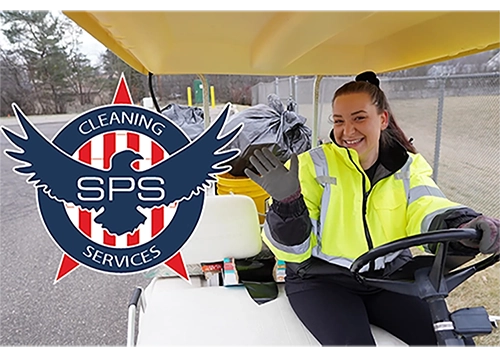 image of the SPS cleaning logo and SPS Cleaning Employee waving